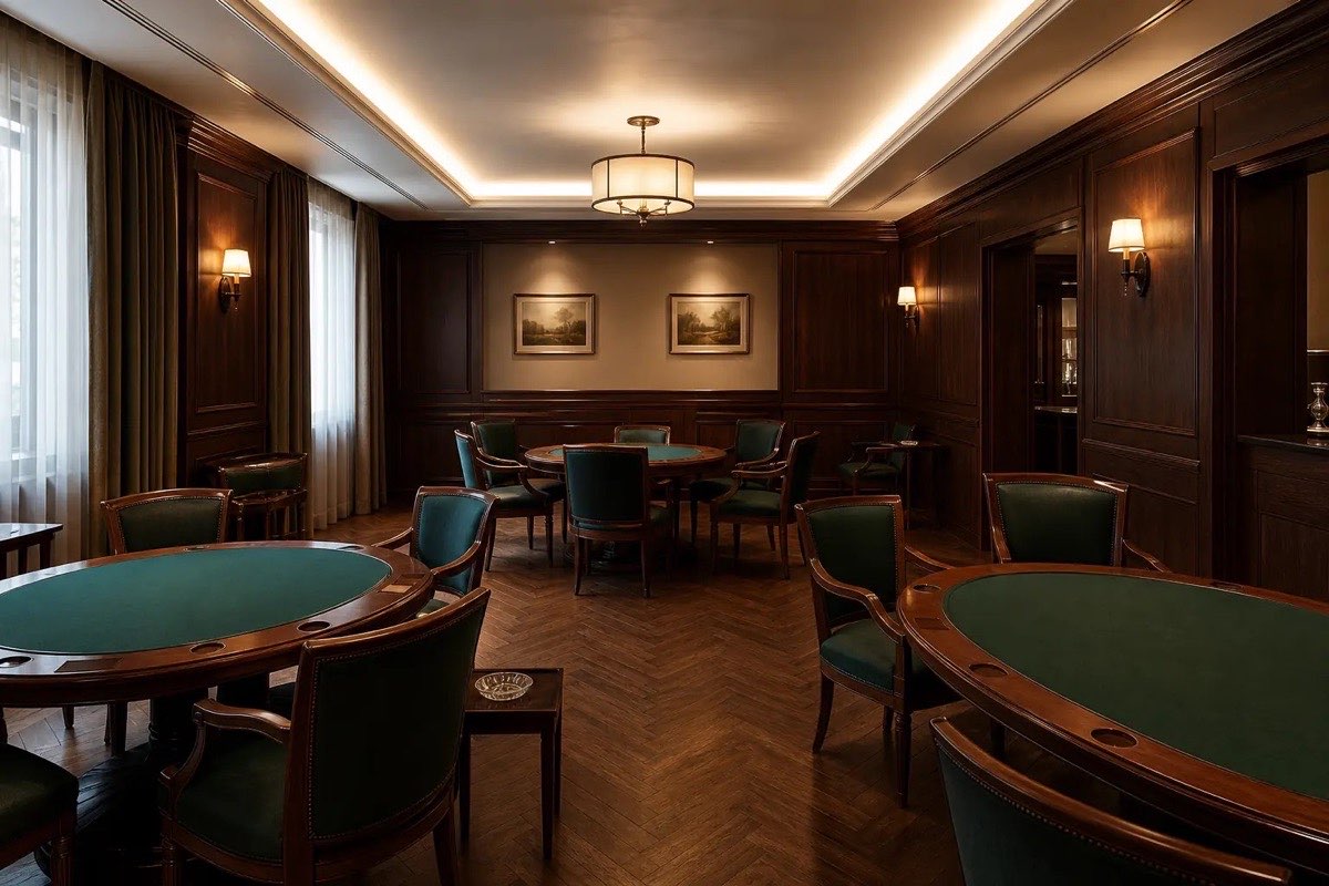 Kameralny salon karciany z drewnianą boazerią i zielonym suknem