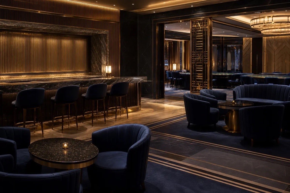 Wieczorny lounge z granatowymi fotelami i złotymi detalami